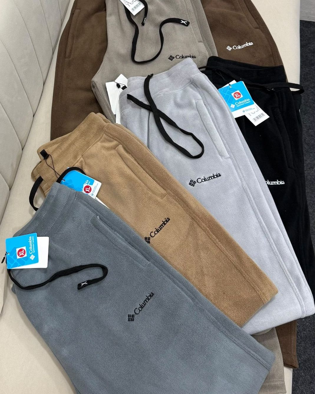 Polar fleece joggers in steel blue, camel, light grey, black, taupe and mocha