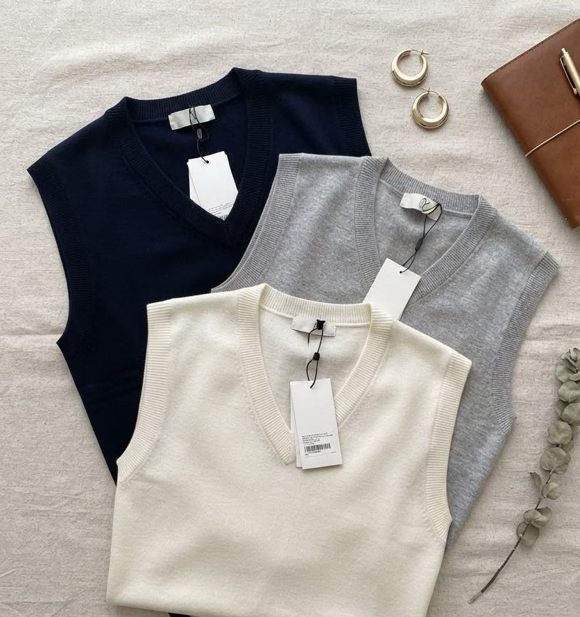 Navy, grey and ivory knit V-neck vests laid flat